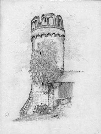 Originalzeichnung Ladenburg (c) Klaus Krger 1951. Klicken Sie, um die Bilder zu vergrern. Hexenturm